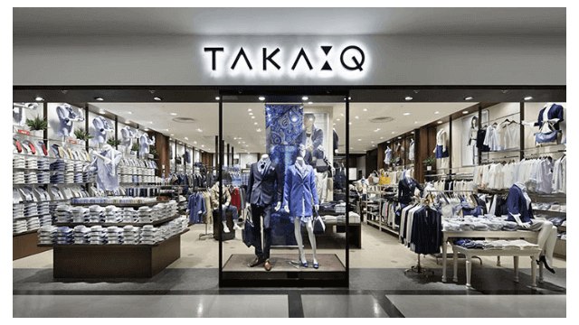 TAKA-Q apparel store storefront at a Japanese shopping mall
