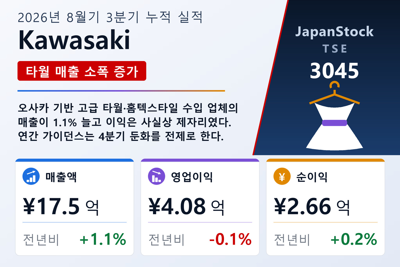 Kawasaki 2026년 8월기 3분기 누적 실적 요약