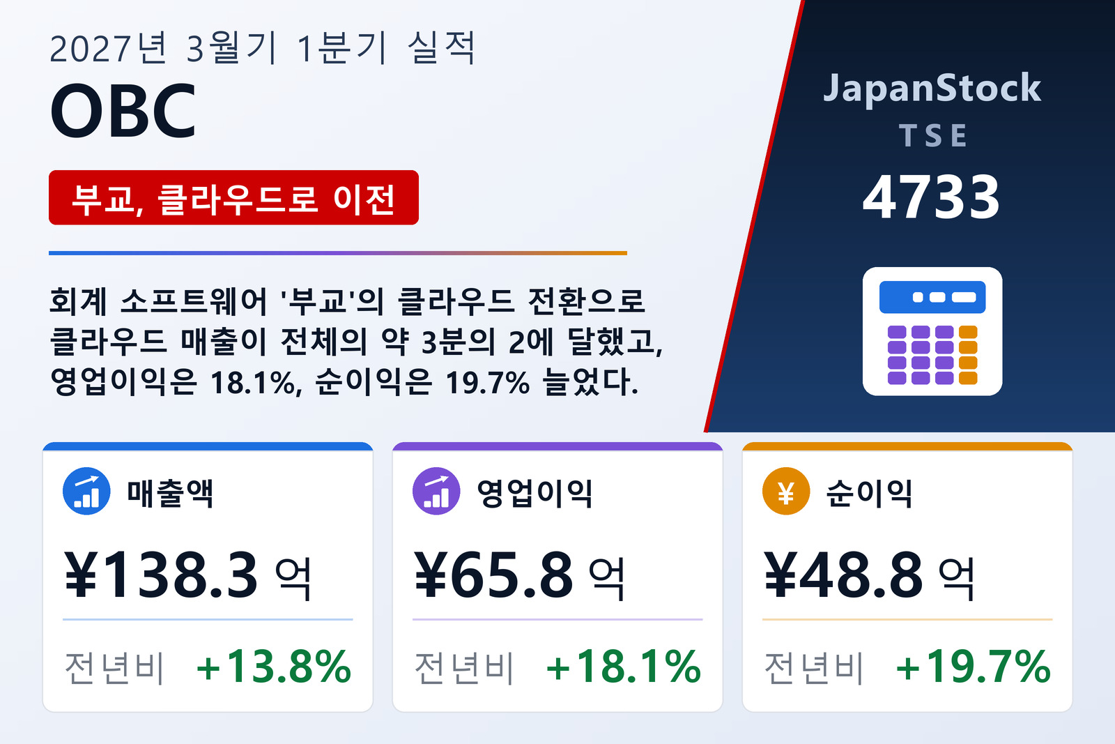 OBC 2027년 3월기 1분기 실적 요약