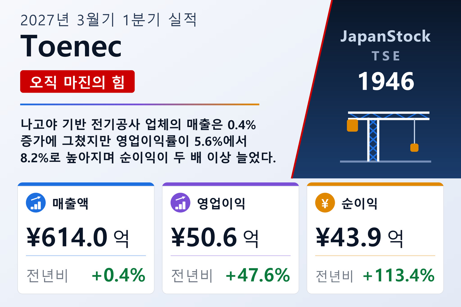 Toenec 2027년 3월기 1분기 실적 요약