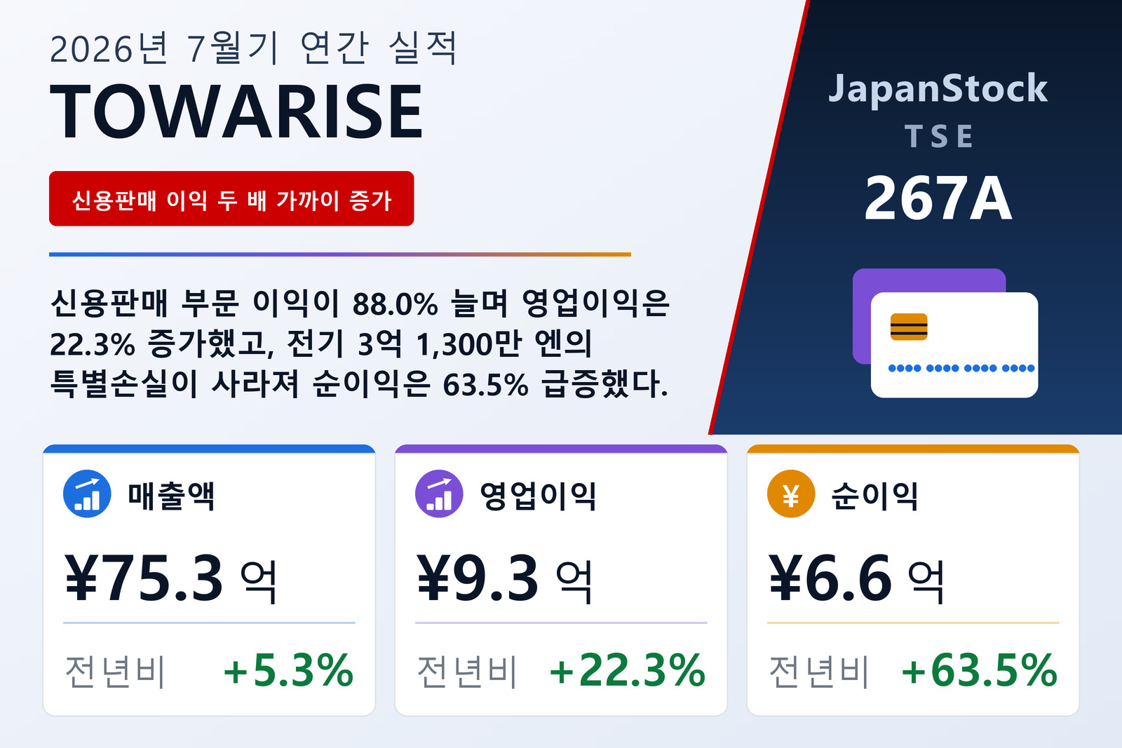 TOWARISE CORPORATION 2026년 7월기 실적 요약
