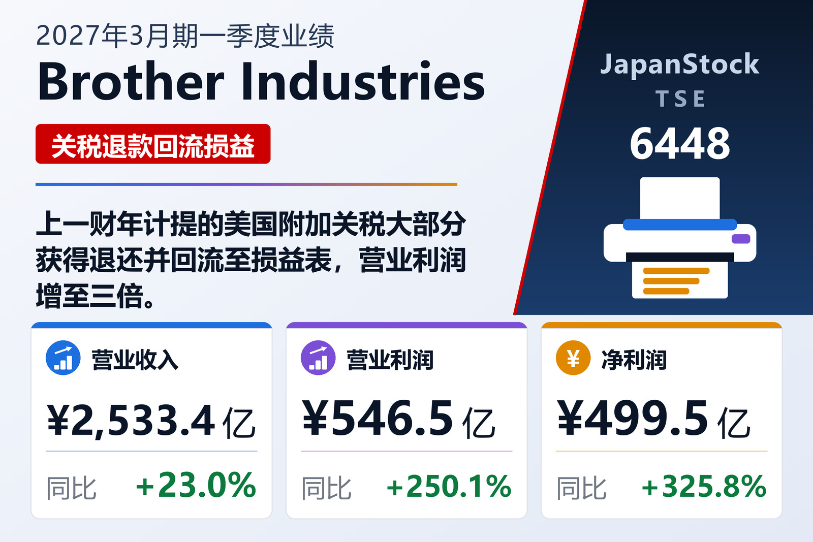 Brother Industries 2027年3月期一季度业绩摘要